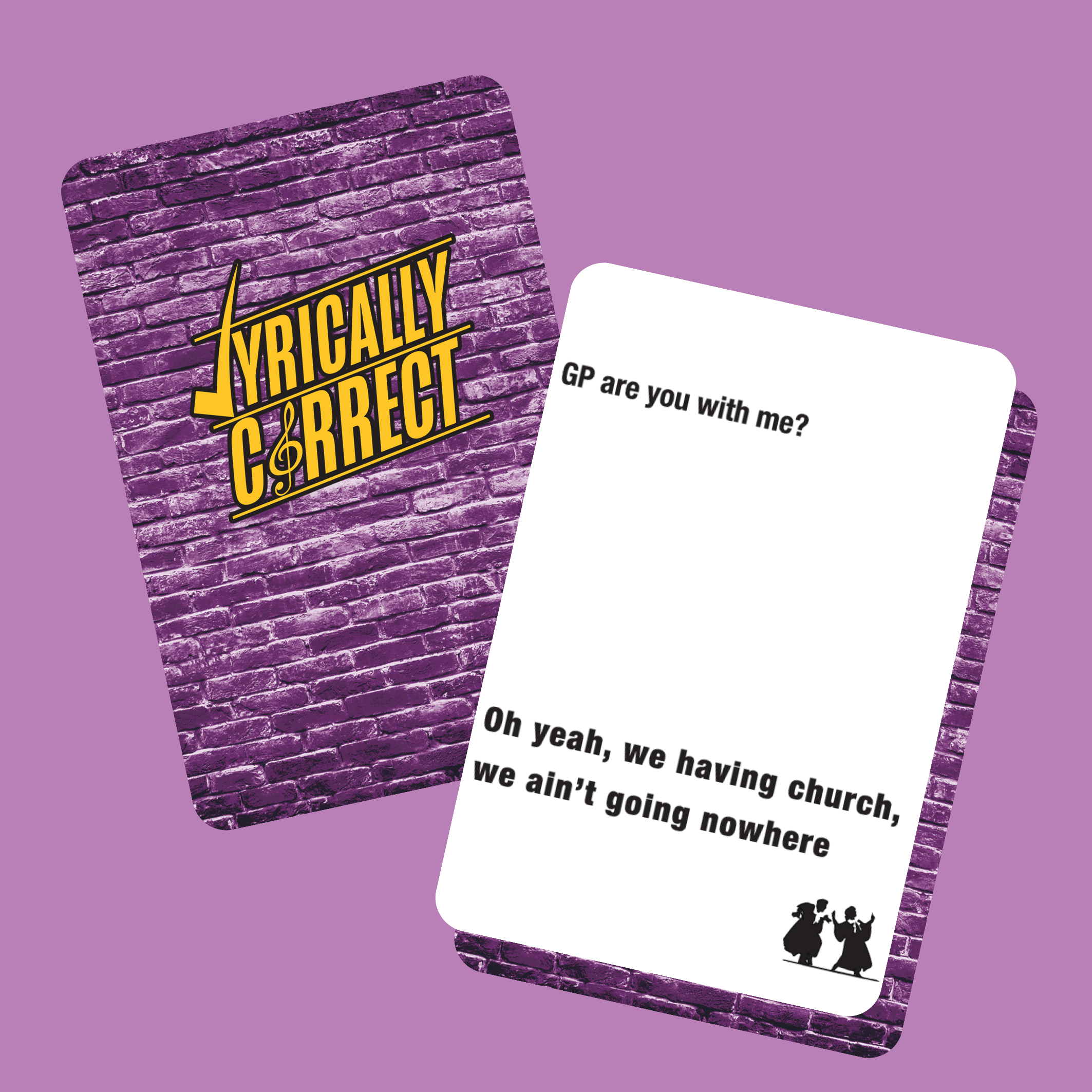 Lyrically Correct card game with purple brick design and sample lyric challenge card